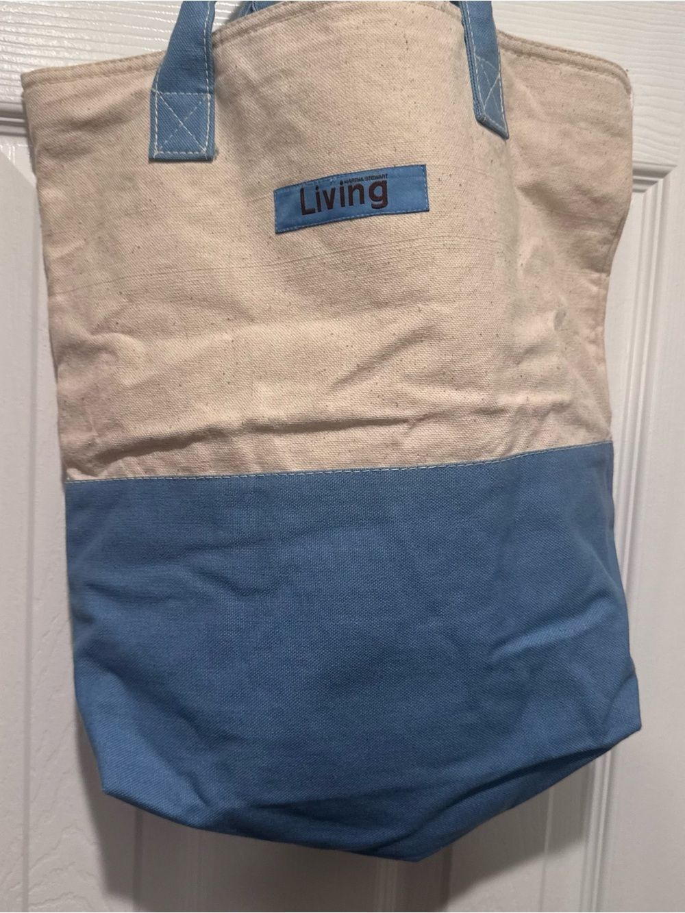 Martha Stewart Living Canvas Tote Bag Blue Cream Coastal Beach Market Bag